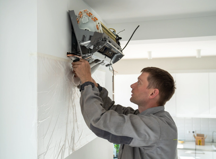 worker installing an air conditioner on a white wall